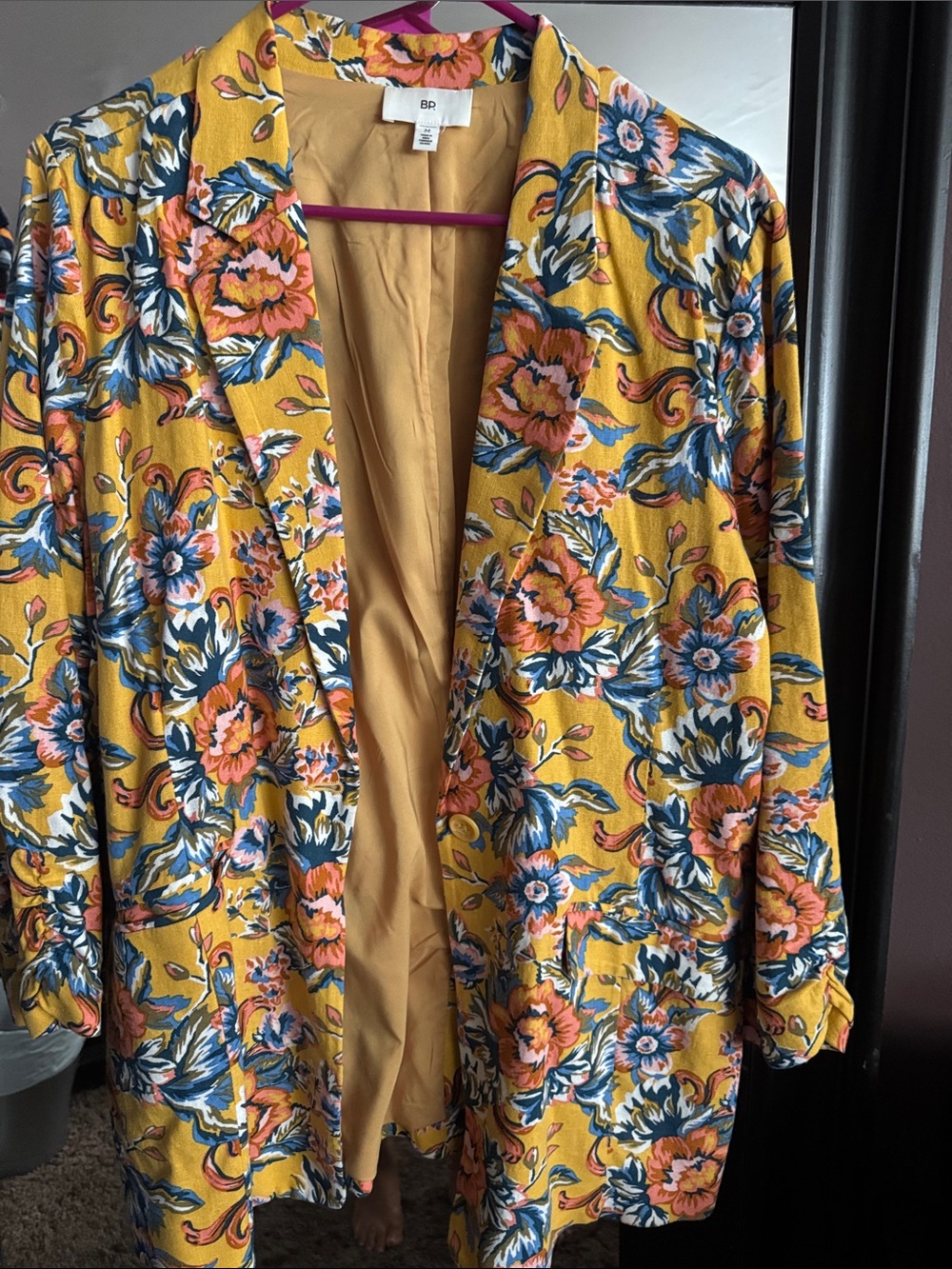 bp Yellow Floral Open-Front Blazer with Blue & Pink Accents